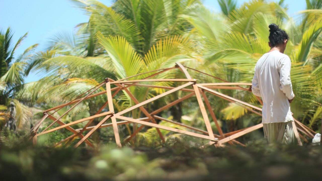 Levantando la estructura en un bosque de palmas
